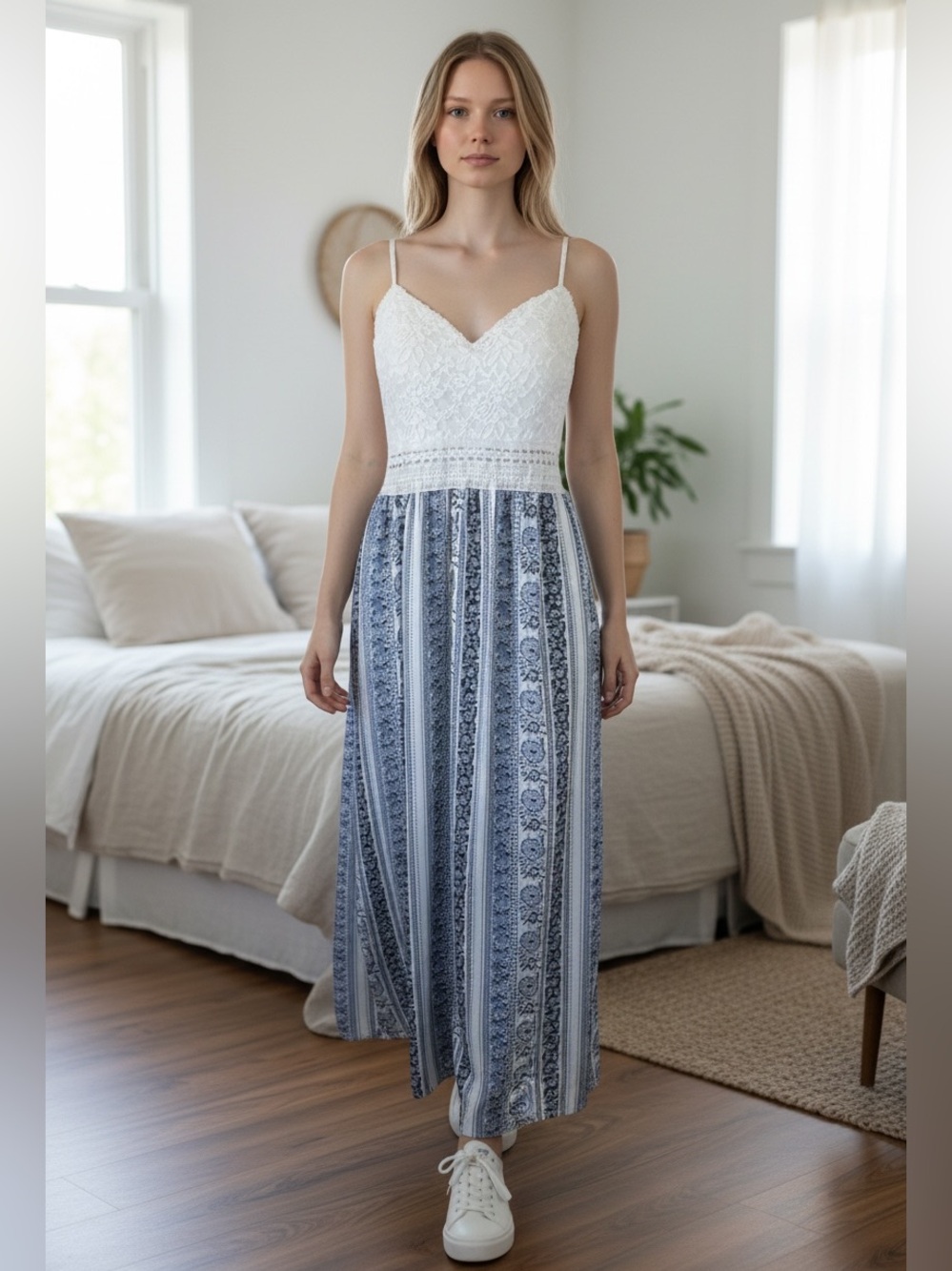 J for Justify Cream Crochet Bodice Blue Striped Maxi Dress - Picture 9 of 9